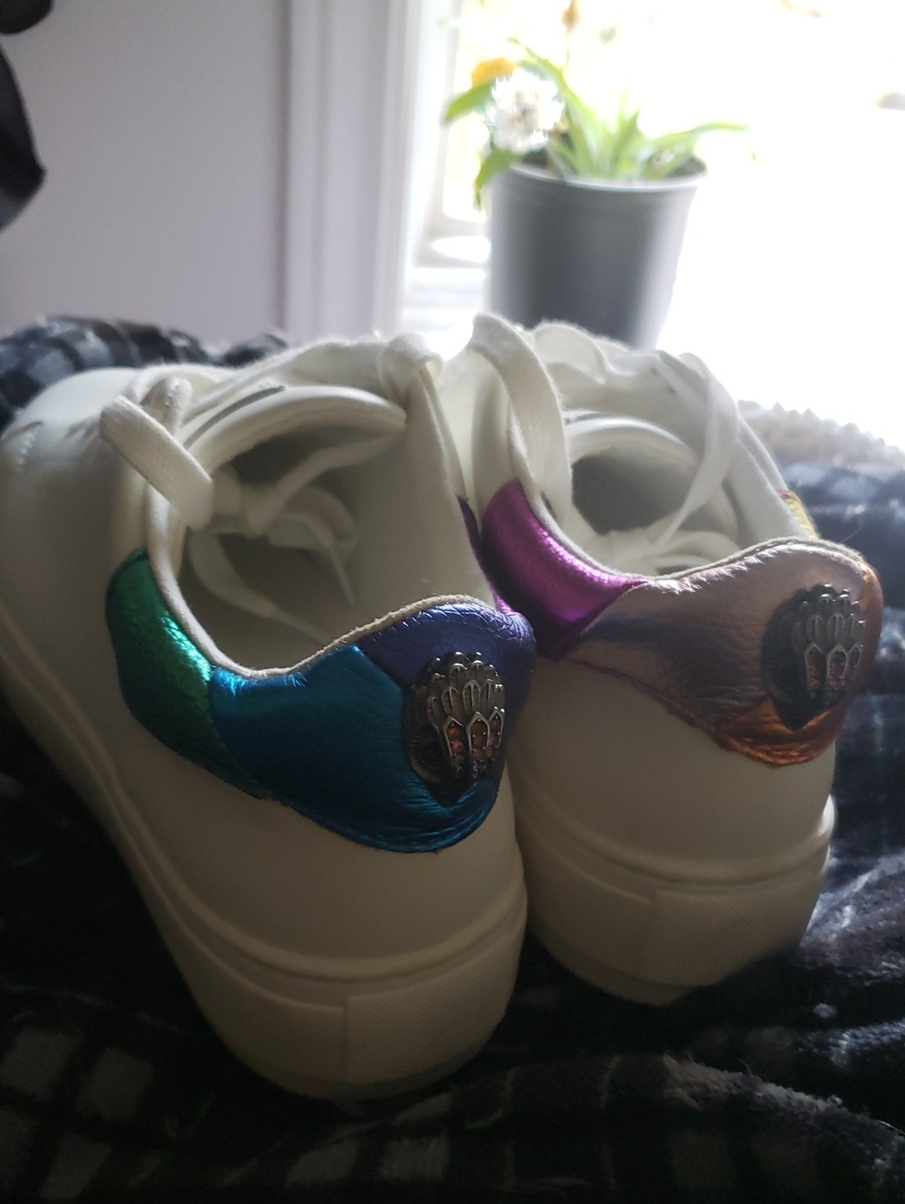 Kurt Geiger White Sneakers with Iridescent Blue-Green and Purple-Copper Heels